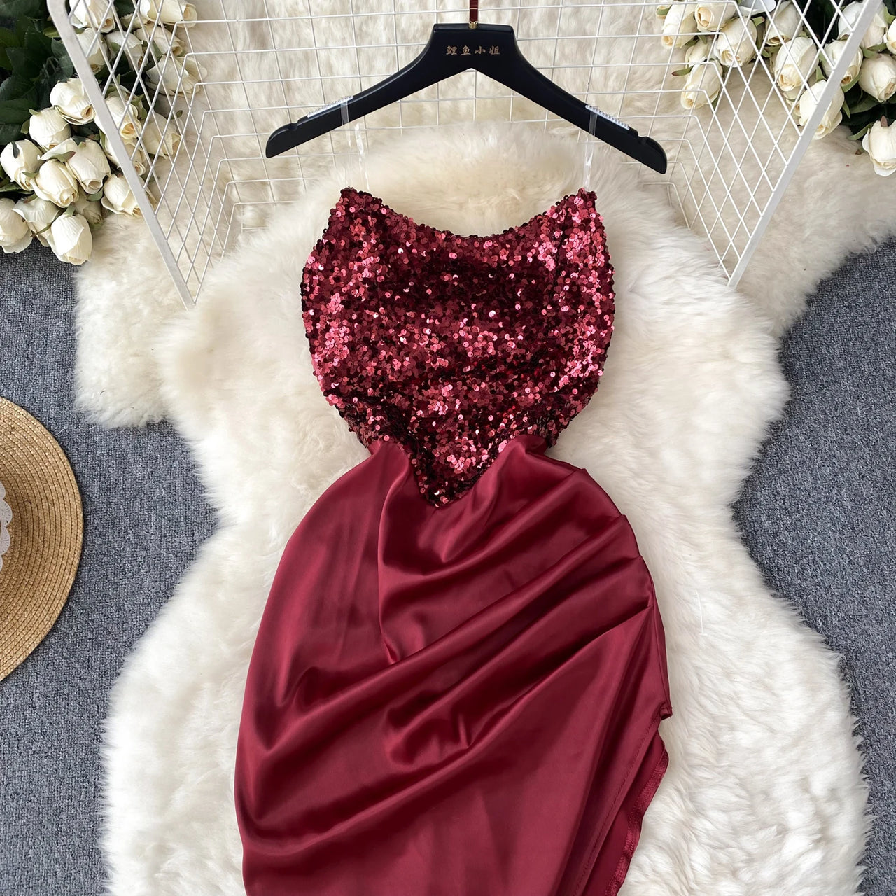 Chic Sequin Asymmetric Backless Slip Dress Sleeveless Korean Fashion Vestidos Women Vintage Summer Hip Wrap Dress