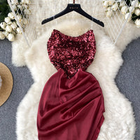Chic Sequin Asymmetric Backless Slip Dress Sleeveless Korean Fashion Vestidos Women Vintage Summer Hip Wrap Dress