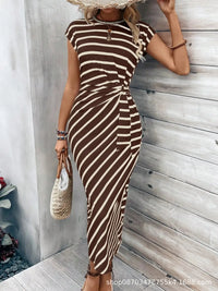 Elegant And Elegant Waist Lace Up Striped Round Neck Short Sleeve Long Dress Summer Party Bodycon Women's Dresses