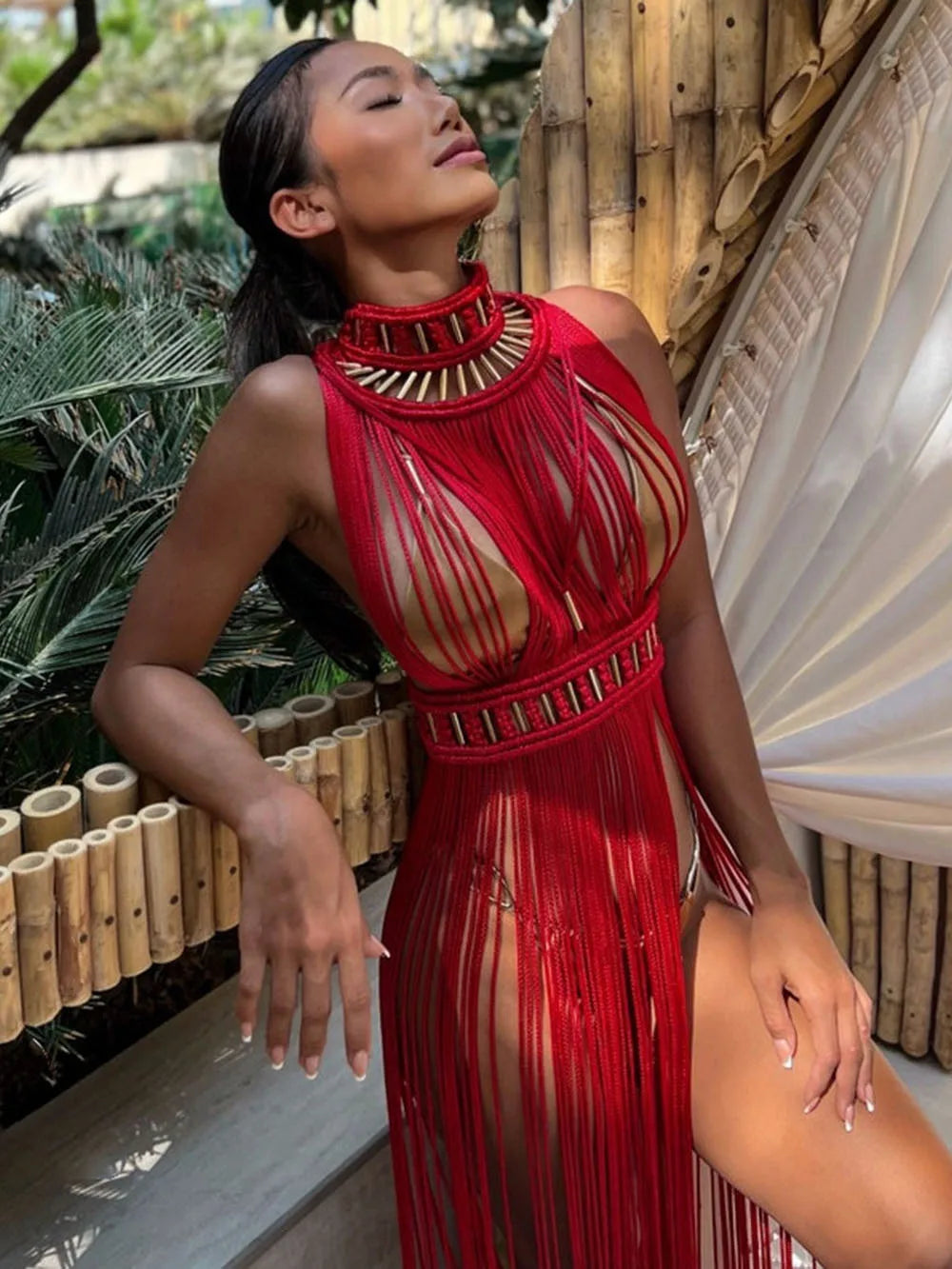 Modphy 2025 White Black Women Turtleneck Long Tassel Sexy Perspective Design Maxi Dress Fashion Club Beach Vacation Party Dress