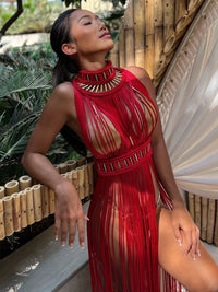 Modphy 2025 White Black Women Turtleneck Long Tassel Sexy Perspective Design Maxi Dress Fashion Club Beach Vacation Party Dress