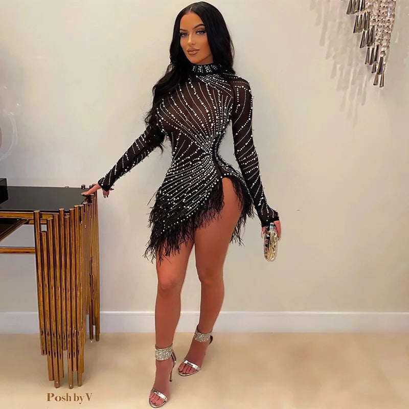 Sexy Pearls Rhinestone Party Dresses Women Elegant Nightclub Feather Birthday Dress Long Sleeve Mesh Sheer Bodycon Dress