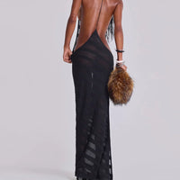 Sexy See Though Maxi Dress Backless Sleeveless Deep V Neck Long Robes Lace Up Party Mesh Dresses 2025 New Lady Vacation Clothing