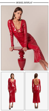 VC Summer New Women's Sexy Deep V-Neck Sequins Long Dress Long Sleeves Cut Out Strings Tied Elegant Luxury Celebrity Party Gowns