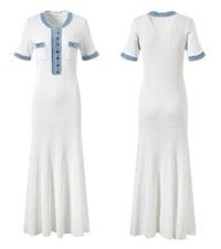 Elegant Contrasting Women Knit Maxi Dress Chic O-neck Short Sleeve Metal Buttons Bodycon Dresses Office Lady Commuting Robe