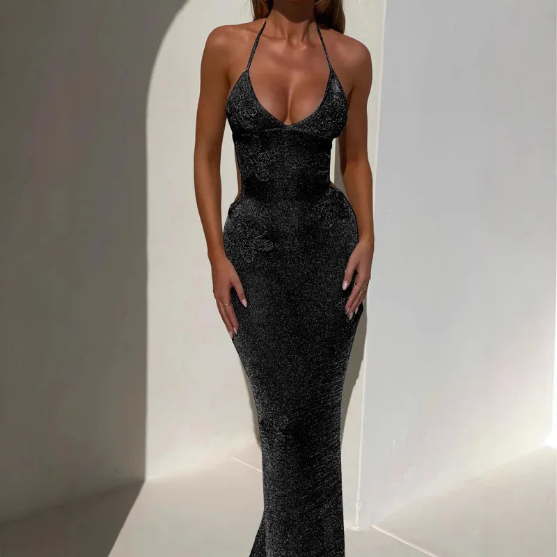 BKQU Fashion Glitter Backless Knit Long Dress Women Halter Lace-Up Sexy Embroidery See Through Party Dress 2025 Summer Lady Robe