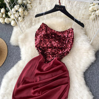 Chic Sequin Asymmetric Backless Slip Dress Sleeveless Korean Fashion Vestidos Women Vintage Summer Hip Wrap Dress