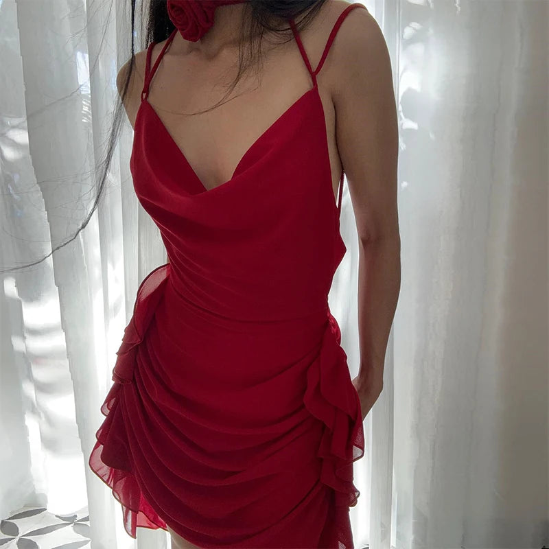WhereMery Elegant Women Ruffles Backless Mini Dress Y2K Fashion Sleeveless Halter 2024 Summer Dresses Sexy Low-cut Tight Vestido