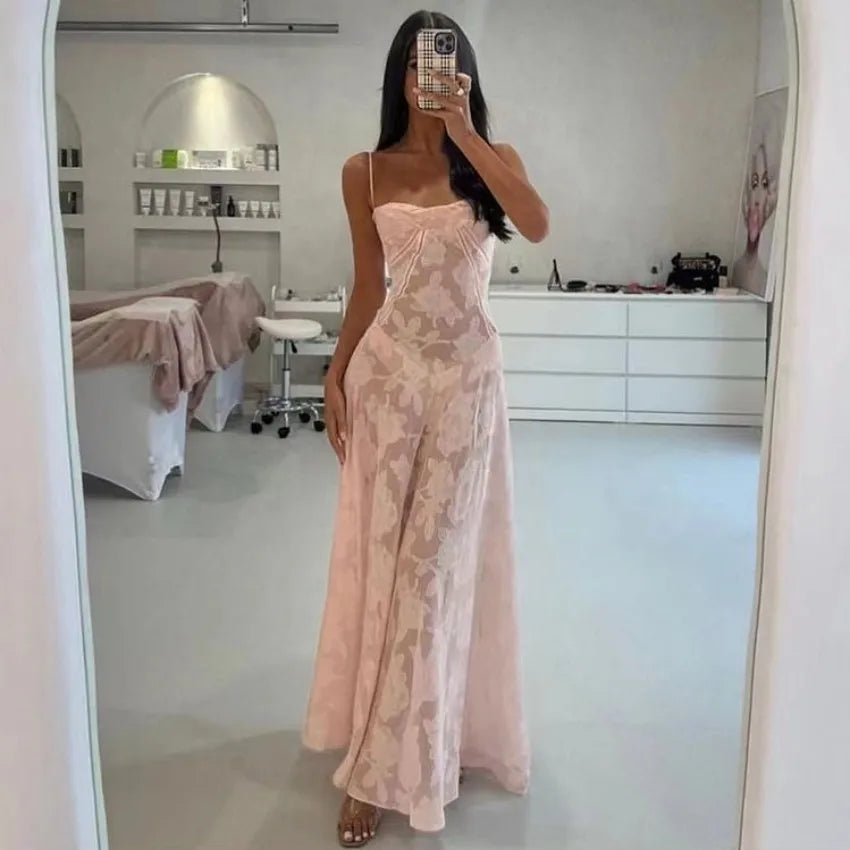 2023 Summer New Dresses For Women Spaghetti Strap Lace Hollow Out Low Cut Sexy A-lin Long Dress Beach Vacation Fashion Vestidos