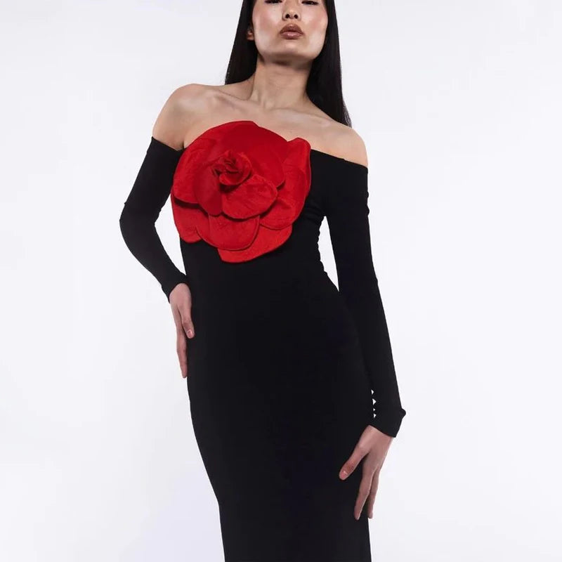 Women's New Sexy Black Decorative FlowerBreast wrapping Dress, Fashion Slim Fit Open Back Bottom Split Party Dress Long