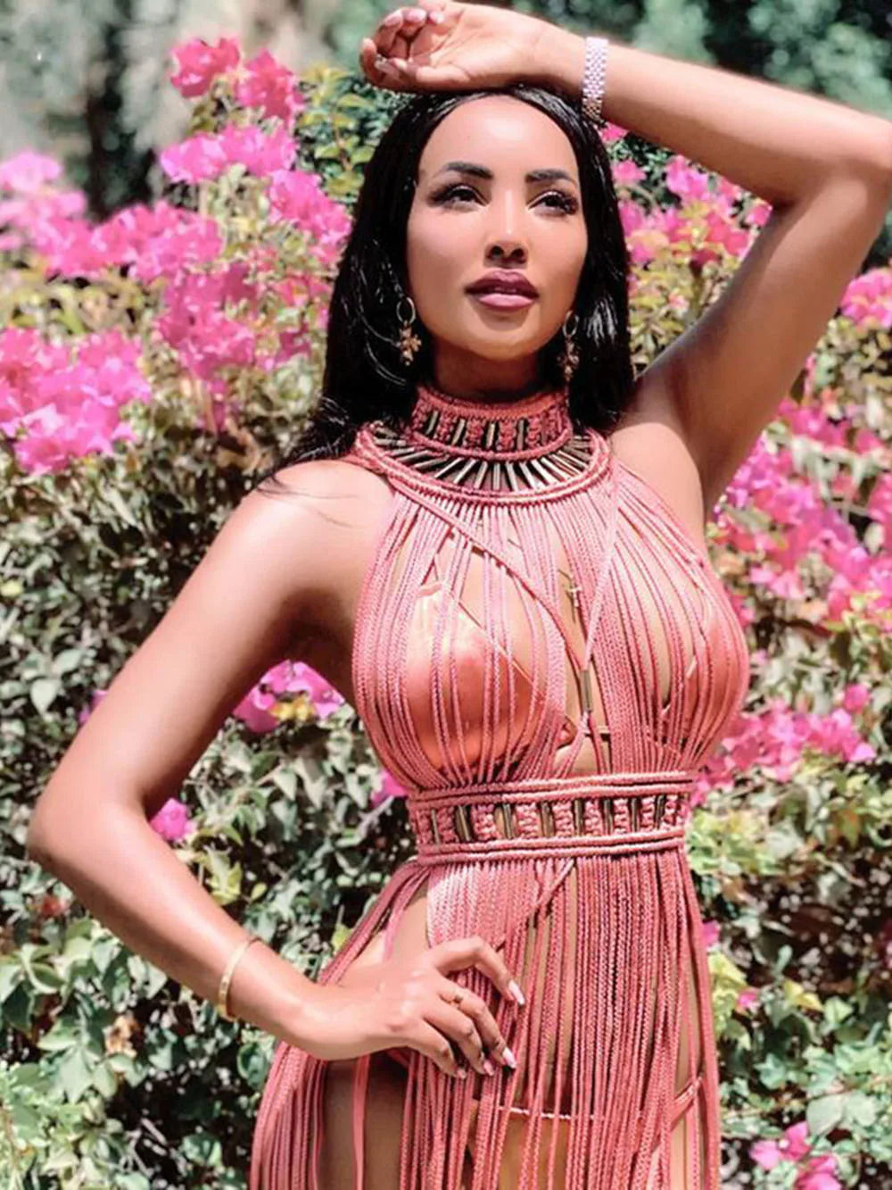 Modphy 2025 White Black Women Turtleneck Long Tassel Sexy Perspective Design Maxi Dress Fashion Club Beach Vacation Party Dress