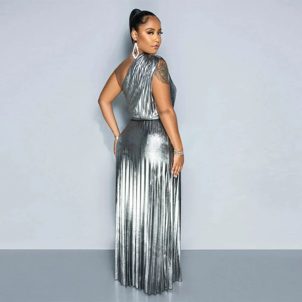 Elegant Women Even Dresses Luxury Maxi Long Metallic Pleated Dress One Shoulder Sleeveless Premium Shiny Shimmer Gowns