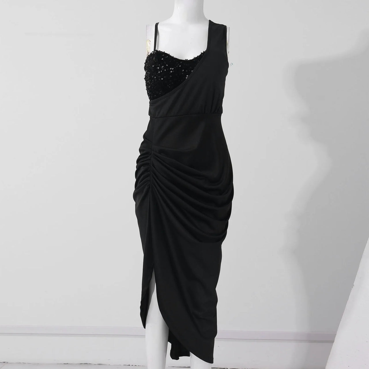 Women Sexy Dresses Summer 2024 Solid Color Sexy Sequin Slit Maxi Smocked One Shoulder Evening Dress Luxuries Elegant Dresses