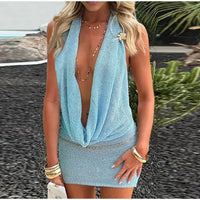 Sexy Sequin Halter Short Dress Women Backless Sleeveless Hip Package Party Dresses Female 2025 Summer Chic Night Club Robe Lady