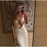 Women's Chic Ruffles Backless Lace Up Knitted Maxi Dress Elegant Round Neck Flare Long Sleeve Vestido 2024 Lady New Fashion Robe