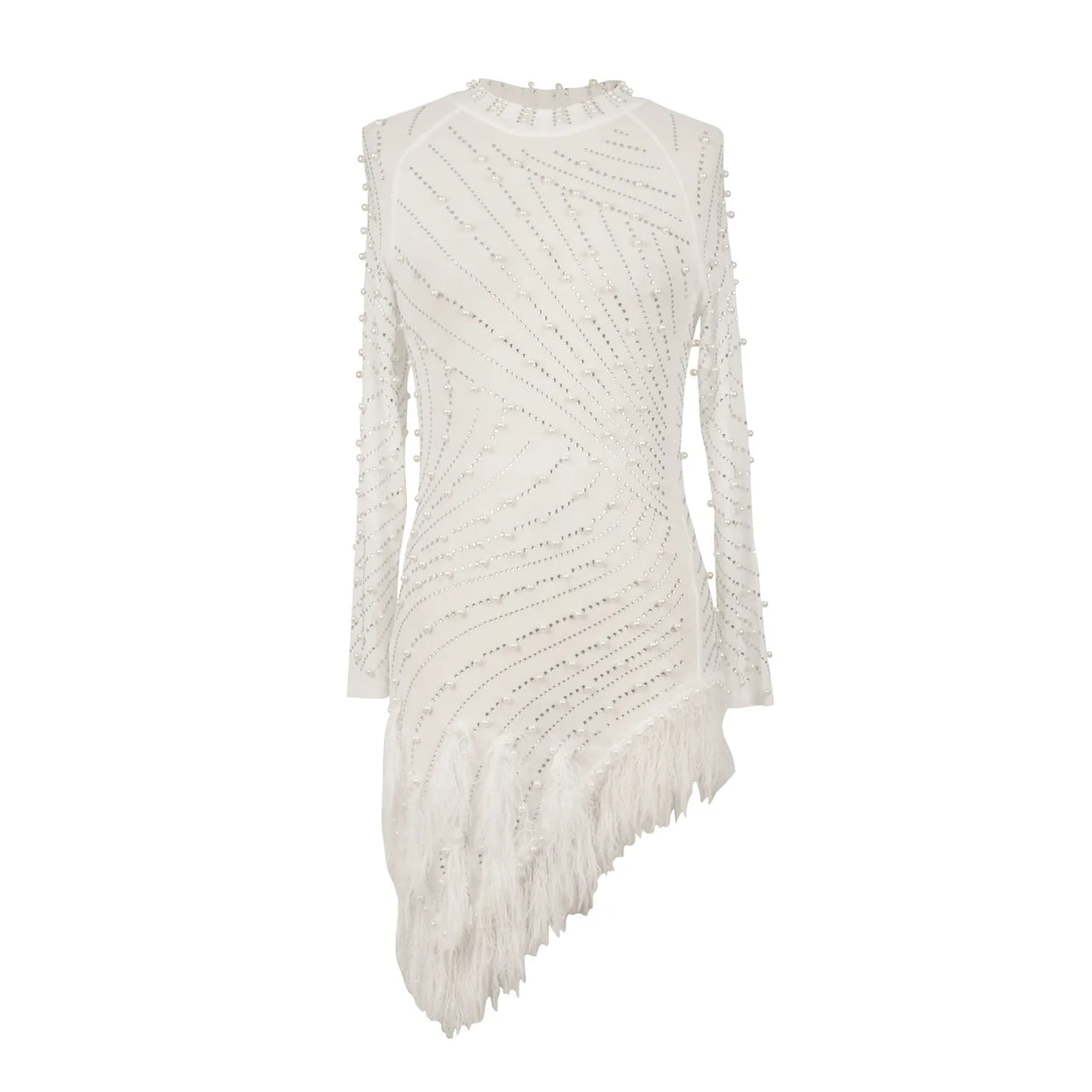 Sexy Pearls Rhinestone Party Dresses Women Elegant Nightclub Feather Birthday Dress Long Sleeve Mesh Sheer Bodycon Dress