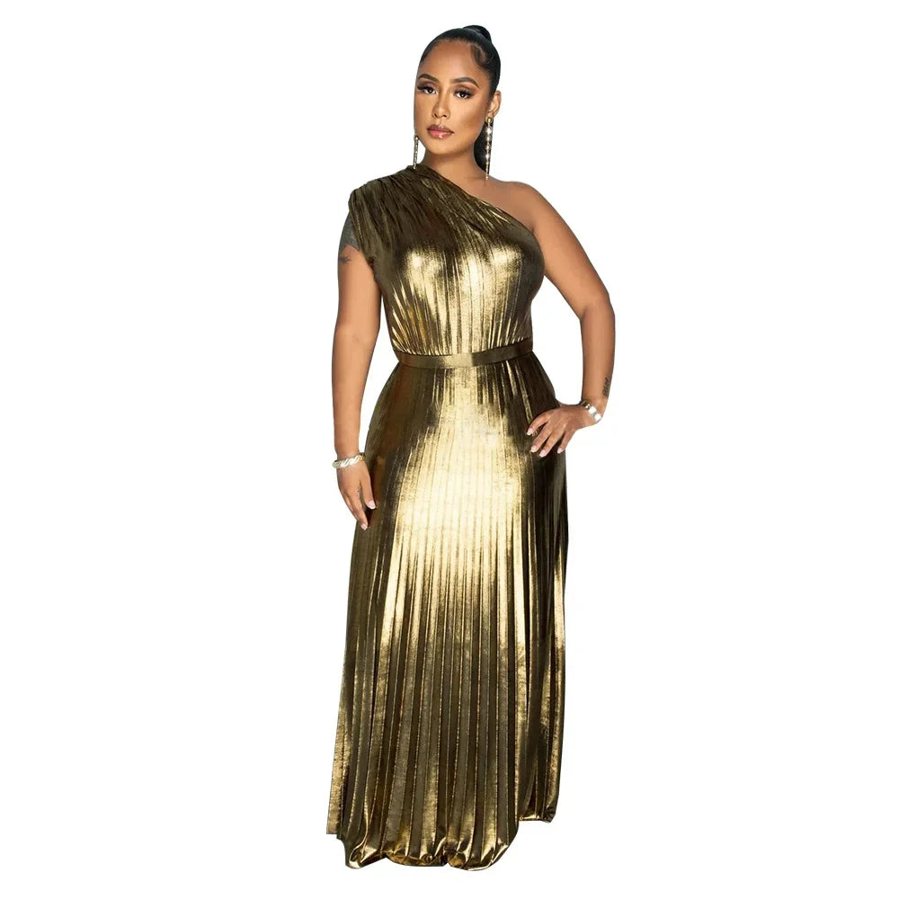 Elegant Women Even Dresses Luxury Maxi Long Metallic Pleated Dress One Shoulder Sleeveless Premium Shiny Shimmer Gowns