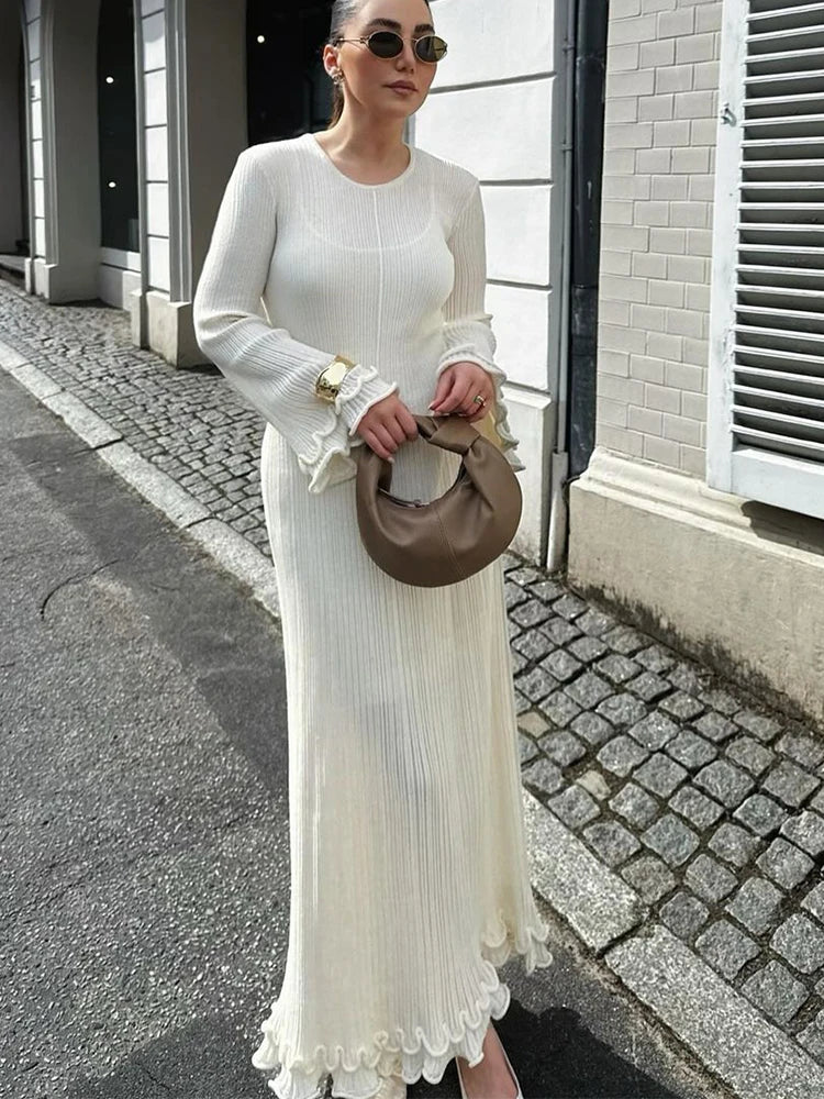 Women's Chic Ruffles Backless Lace Up Knitted Maxi Dress Elegant Round Neck Flare Long Sleeve Vestido 2024 Lady New Fashion Robe