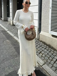 Women's Chic Ruffles Backless Lace Up Knitted Maxi Dress Elegant Round Neck Flare Long Sleeve Vestido 2024 Lady New Fashion Robe