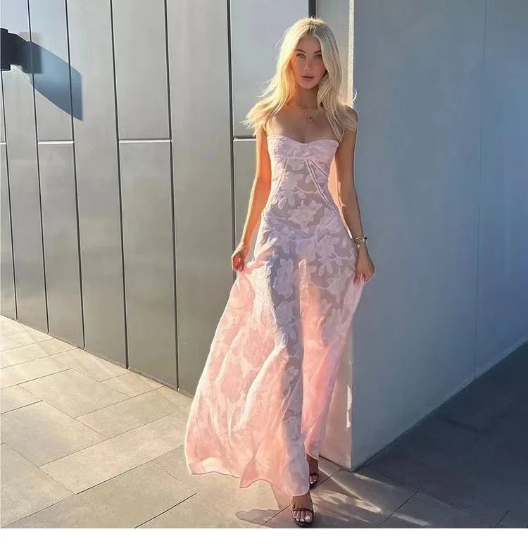 2023 Summer New Dresses For Women Spaghetti Strap Lace Hollow Out Low Cut Sexy A-lin Long Dress Beach Vacation Fashion Vestidos