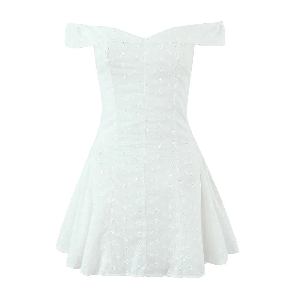 Sexy White Embroidery Flower Roll up Collar Off Shoulder Low Waist Ruched Pleated Swing Mini Dress Women Sexy Summer Robe Party