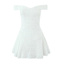 Sexy White Embroidery Flower Roll up Collar Off Shoulder Low Waist Ruched Pleated Swing Mini Dress Women Sexy Summer Robe Party