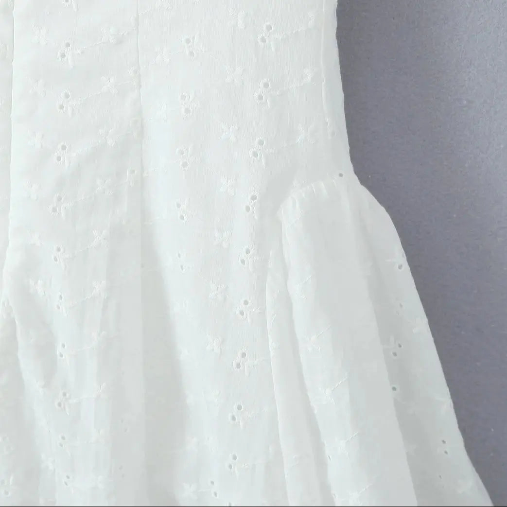 Sexy White Embroidery Flower Roll up Collar Off Shoulder Low Waist Ruched Pleated Swing Mini Dress Women Sexy Summer Robe Party