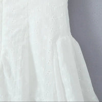 Sexy White Embroidery Flower Roll up Collar Off Shoulder Low Waist Ruched Pleated Swing Mini Dress Women Sexy Summer Robe Party