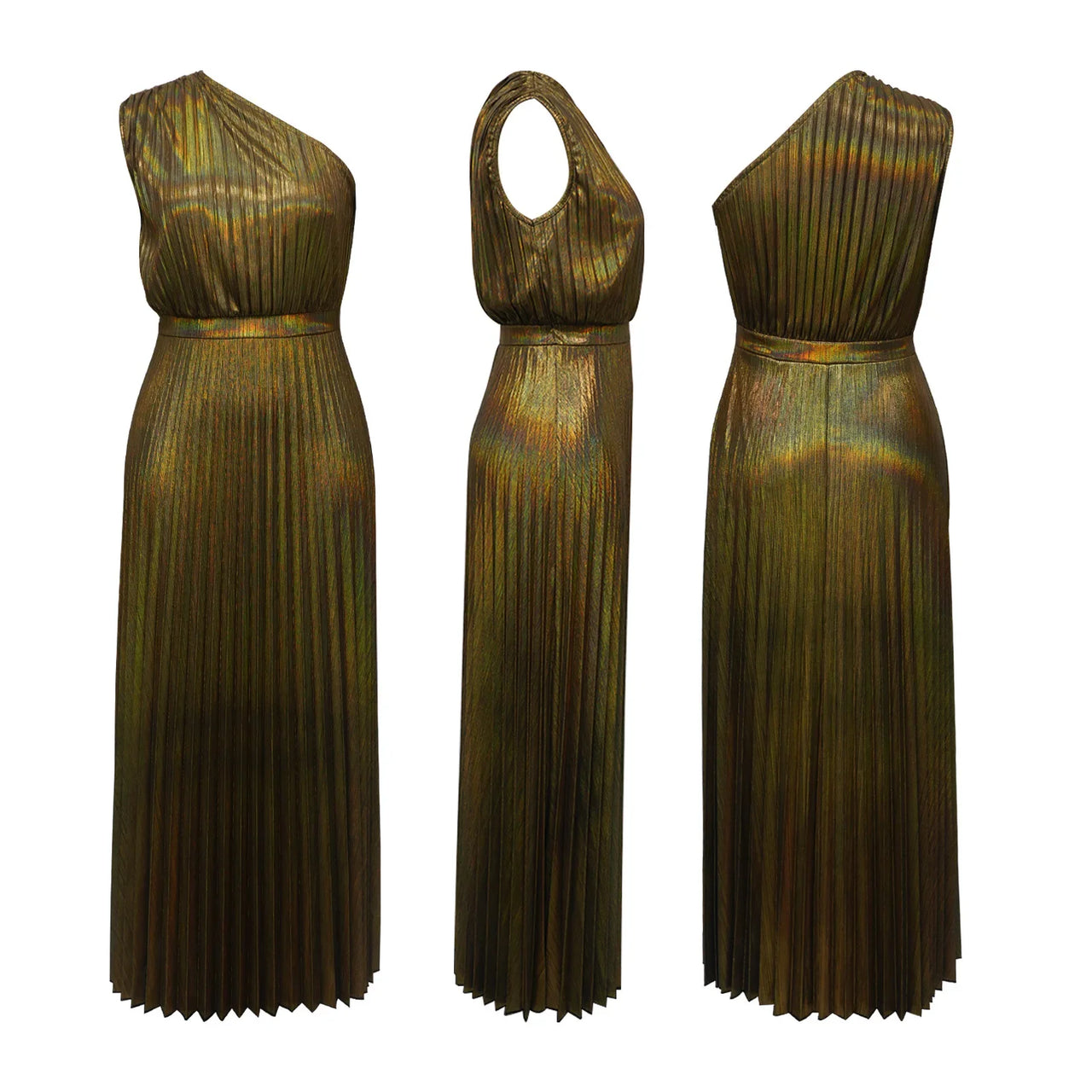Elegant Women Even Dresses Luxury Maxi Long Metallic Pleated Dress One Shoulder Sleeveless Premium Shiny Shimmer Gowns