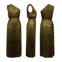 Elegant Women Even Dresses Luxury Maxi Long Metallic Pleated Dress One Shoulder Sleeveless Premium Shiny Shimmer Gowns