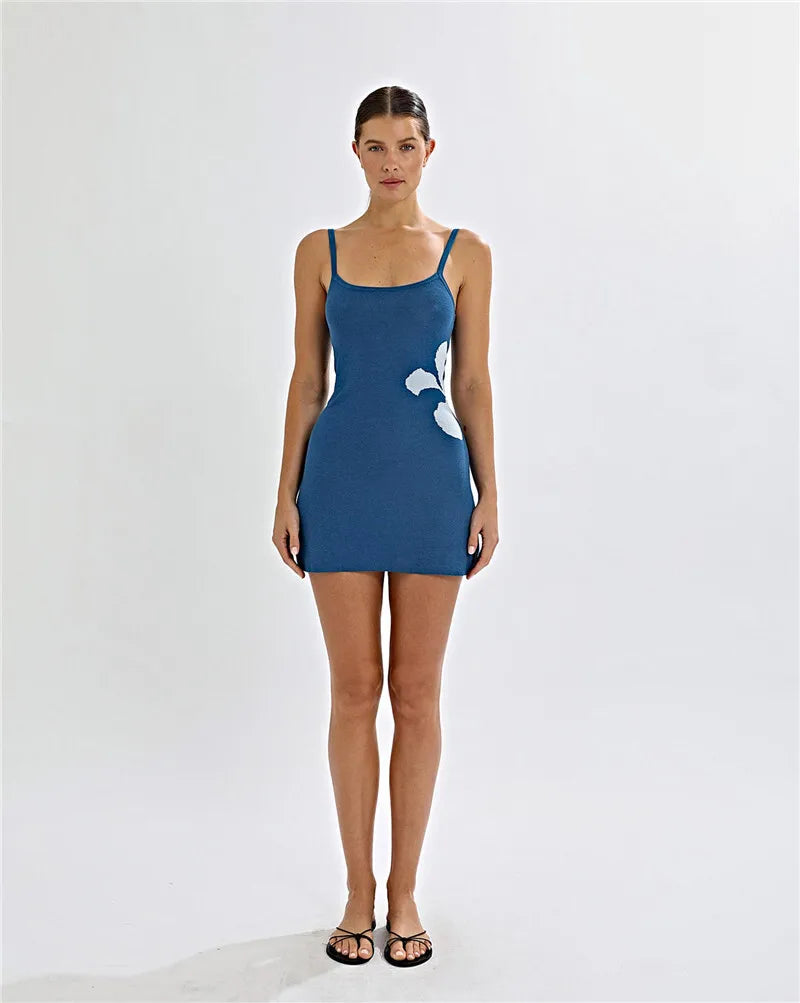 Mozision Spaghetti Strap Print Knit Mini Dress For Woman Robe Summer New Sleeveless Backless Beach Holiday Club Dress Knitwear