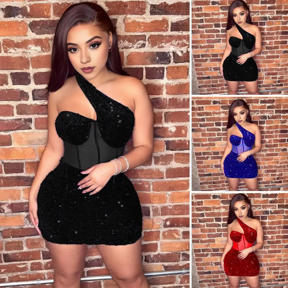 Short Sequin Dress Elegant One Shoulder Sequin Mesh Mini Dress for Women Slim Fit Club Cocktail Party Prom Sheath Dress