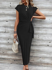 Elegant And Elegant Waist Lace Up Striped Round Neck Short Sleeve Long Dress Summer Party Bodycon Women's Dresses