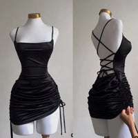 Sexy Sleeveless Backless Bodycon Mini Dress Women Summer Satin Lace Up Party Club Dresses Streetwear Evening Black Y2K 2025 Robe