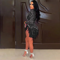 Sexy Pearls Rhinestone Party Dresses Women Elegant Nightclub Feather Birthday Dress Long Sleeve Mesh Sheer Bodycon Dress