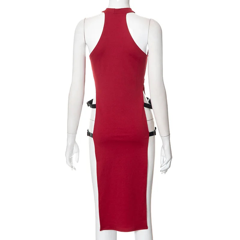 Goth Dark Cosplay High Split Side Sexy Sleeveless Dresses Gothic High Waist Y2k Slim Women Dress Harajuku Summer Night Clubwear