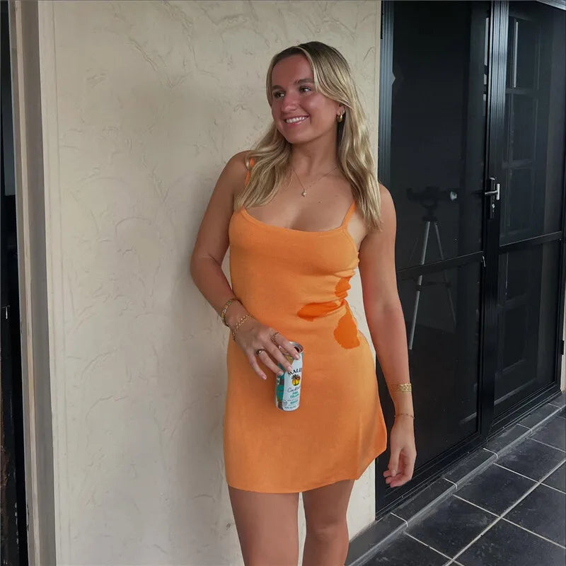 Mozision Spaghetti Strap Print Knit Mini Dress For Woman Robe Summer New Sleeveless Backless Beach Holiday Club Dress Knitwear