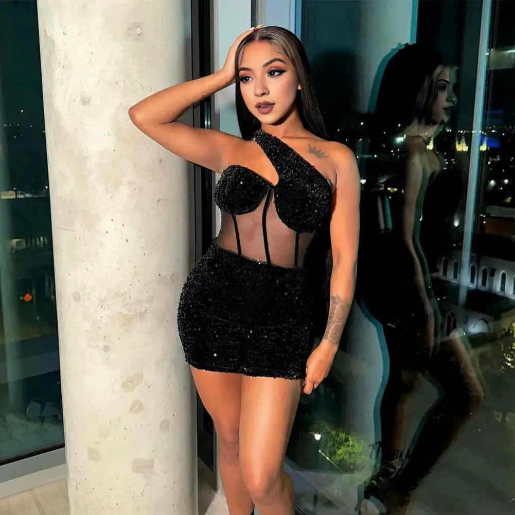 Short Sequin Dress Elegant One Shoulder Sequin Mesh Mini Dress for Women Slim Fit Club Cocktail Party Prom Sheath Dress