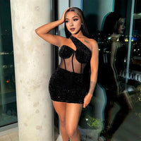 Short Sequin Dress Elegant One Shoulder Sequin Mesh Mini Dress for Women Slim Fit Club Cocktail Party Prom Sheath Dress