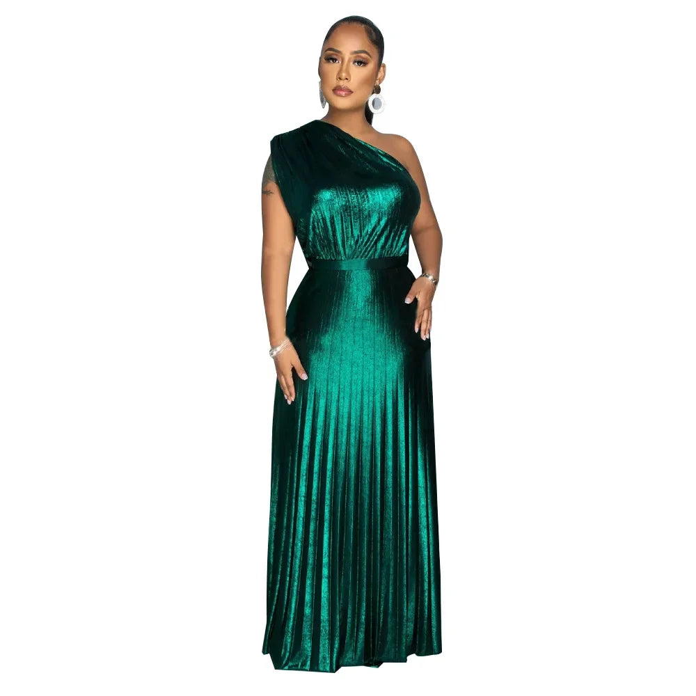 Elegant Women Even Dresses Luxury Maxi Long Metallic Pleated Dress One Shoulder Sleeveless Premium Shiny Shimmer Gowns