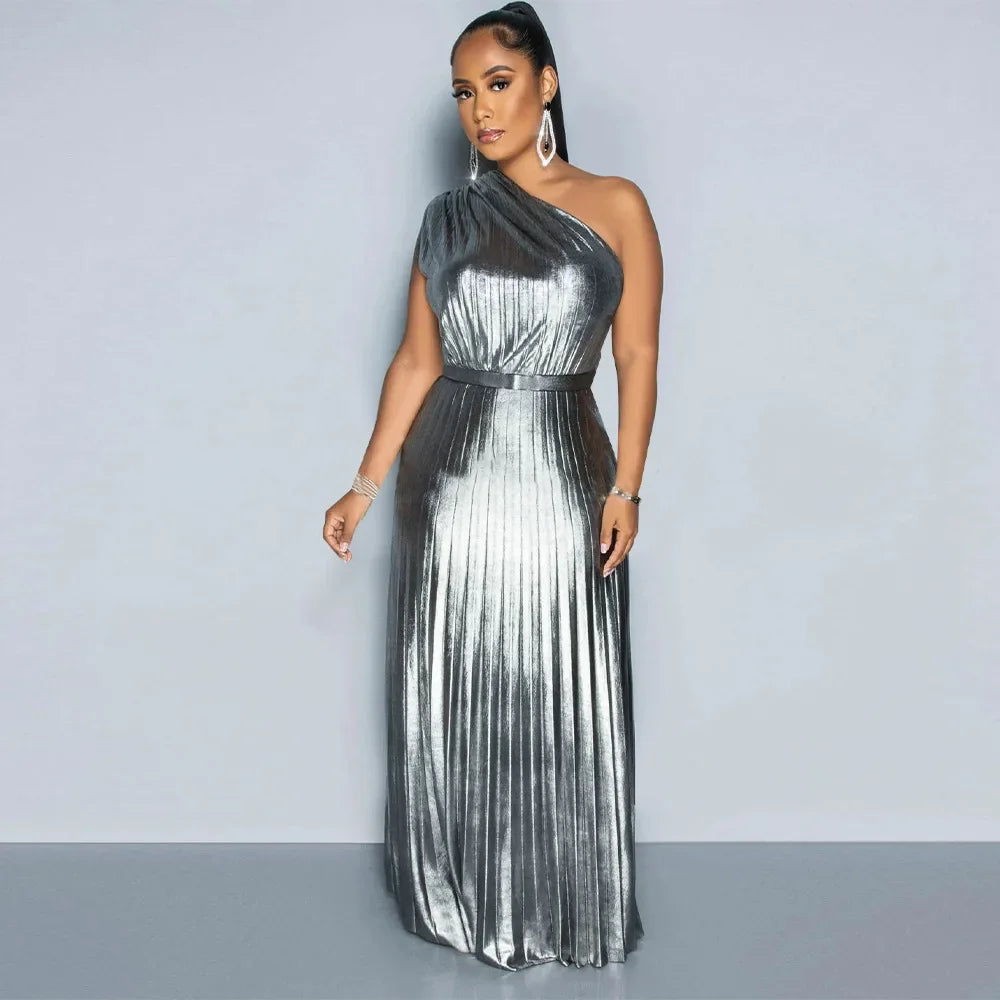 Elegant Women Even Dresses Luxury Maxi Long Metallic Pleated Dress One Shoulder Sleeveless Premium Shiny Shimmer Gowns