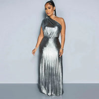 Elegant Women Even Dresses Luxury Maxi Long Metallic Pleated Dress One Shoulder Sleeveless Premium Shiny Shimmer Gowns