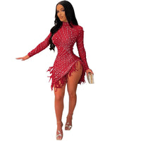 Sexy Pearls Rhinestone Party Dresses Women Elegant Nightclub Feather Birthday Dress Long Sleeve Mesh Sheer Bodycon Dress