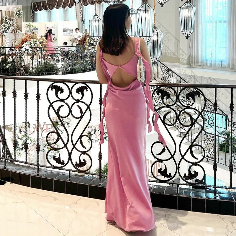 Dulzura Satin Backless Maxi Dress Tassels Sexy Sleeveless 2024 Summer Women Body-Shaping Clubwear Birthday Party Elegant