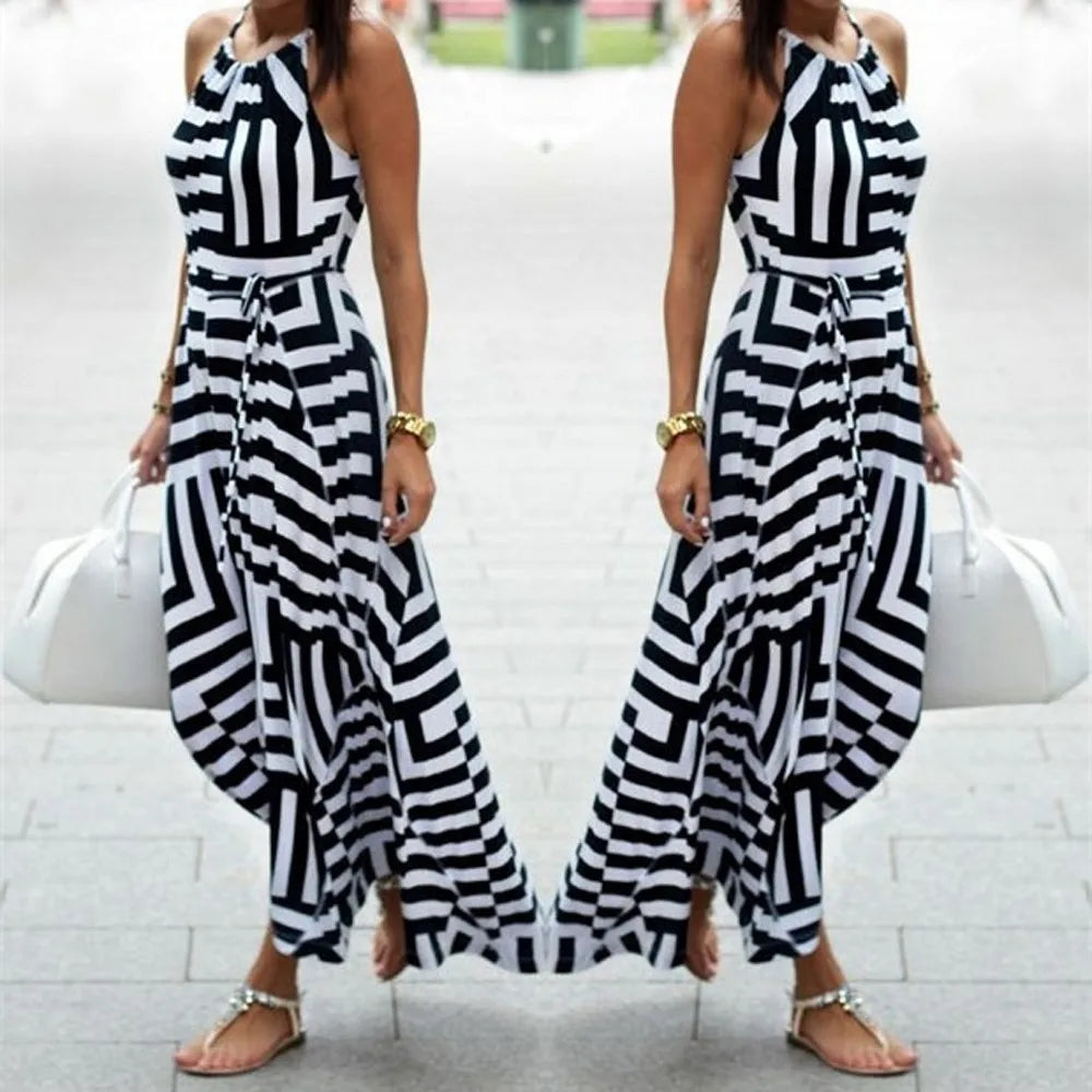 Ladies' Striped Splicing Classic Sexy Boho Maxi Long Evening Party Beach Dress Fashion Commute Sleeveless Halterneck Dress