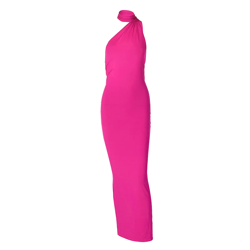 Hugcitar One Shoulder Backless Adjustable Scarf Loop Ruched Sexy Maxi Dress 2024 Women Elegant Y2K Streetwear Festival Outfit