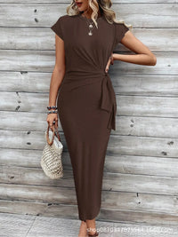 Elegant And Elegant Waist Lace Up Striped Round Neck Short Sleeve Long Dress Summer Party Bodycon Women's Dresses