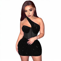 Short Sequin Dress Elegant One Shoulder Sequin Mesh Mini Dress for Women Slim Fit Club Cocktail Party Prom Sheath Dress