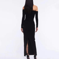 Women's New Sexy Black Decorative FlowerBreast wrapping Dress, Fashion Slim Fit Open Back Bottom Split Party Dress Long