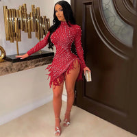 Sexy Pearls Rhinestone Party Dresses Women Elegant Nightclub Feather Birthday Dress Long Sleeve Mesh Sheer Bodycon Dress